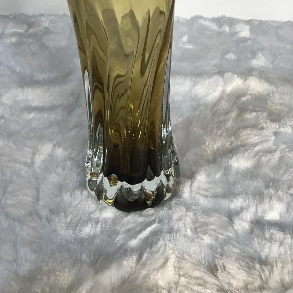 Signed Studio Art Glass Bud Vase Amber Brown Swirl Hand‎ Blown 6.5